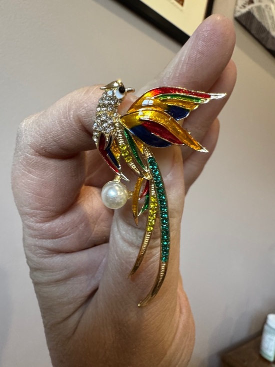 Jewelry - Colorful Enamel & Crystal Bird Brooch with Pearl
